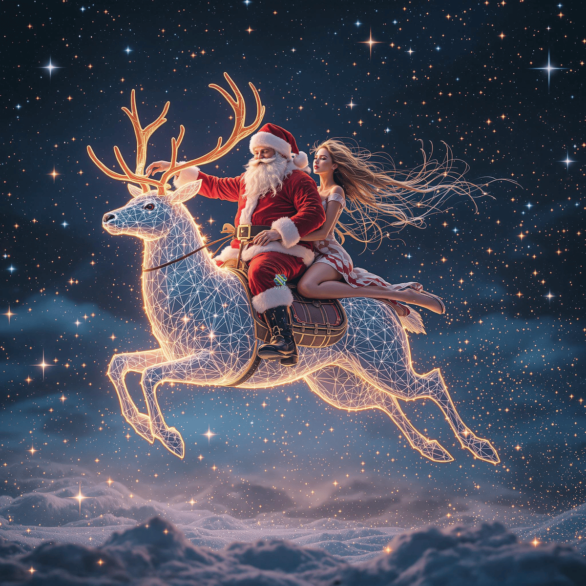Santa and Woman on Glowing Wireframe Reindeer