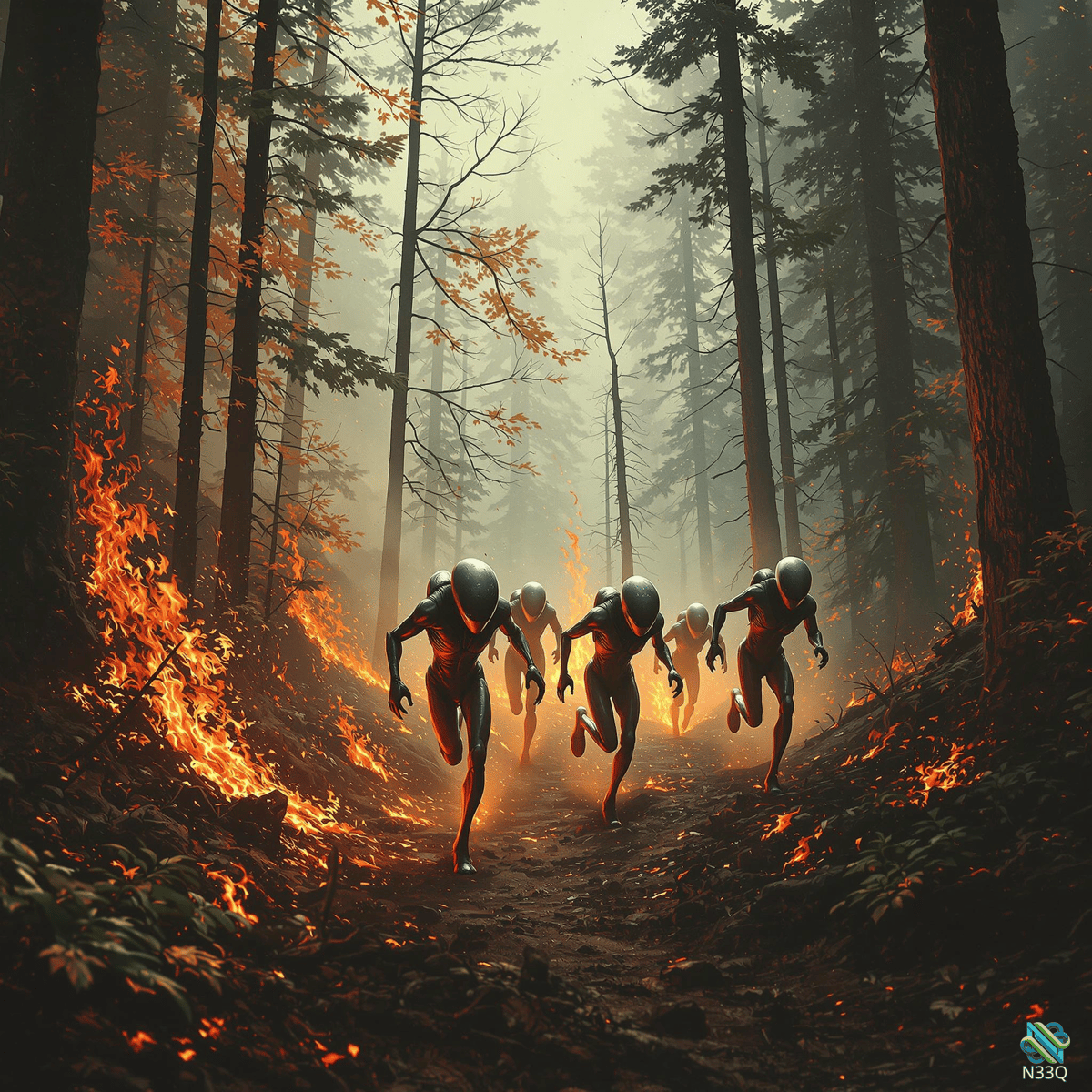 Aliens Fleeing Through Burning Forest