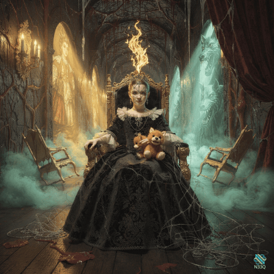 Gothic Queen with Flaming Head and Teddy Bear