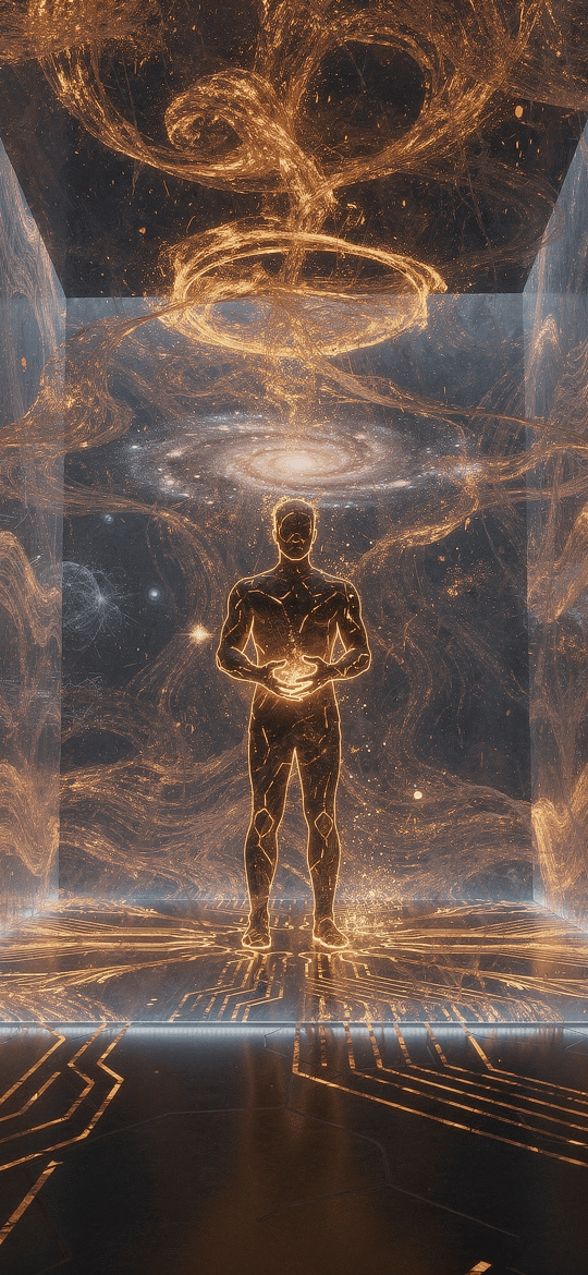 Glowing Figure in a Glass Chamber of Cosmic Smoke