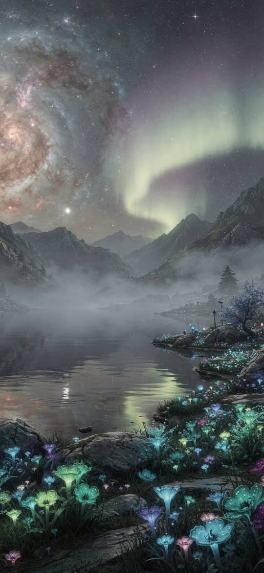 Spiral Galaxy Over Aurora Mountain Lake