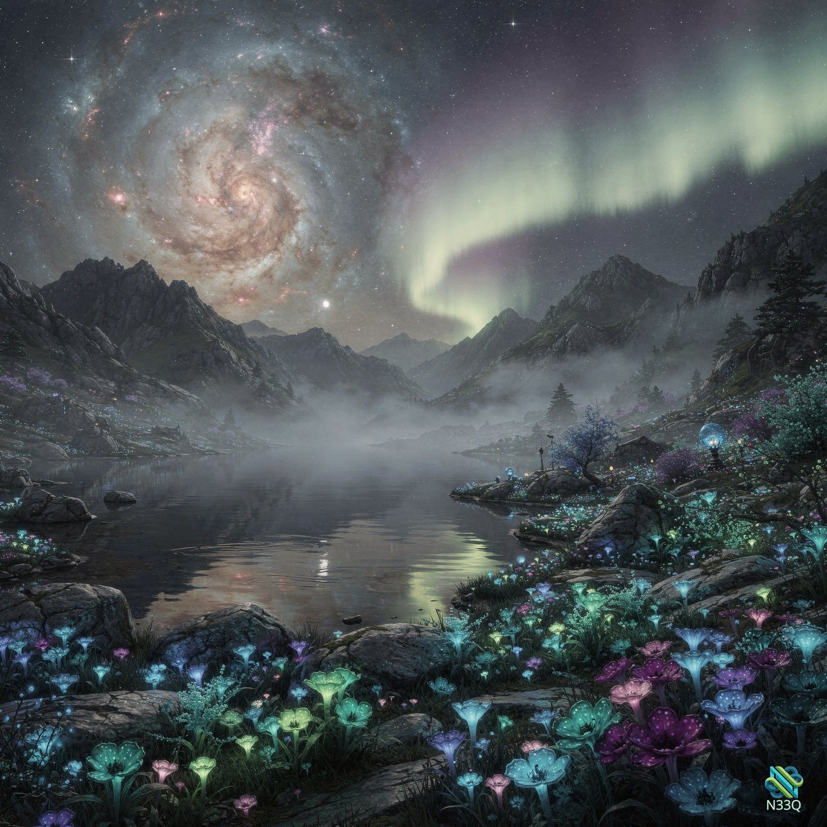 Spiral Galaxy Over Aurora Mountain Lake