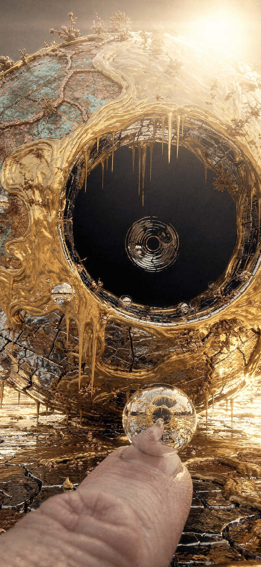 Finger Holding Sphere Before Golden Cracked Orb