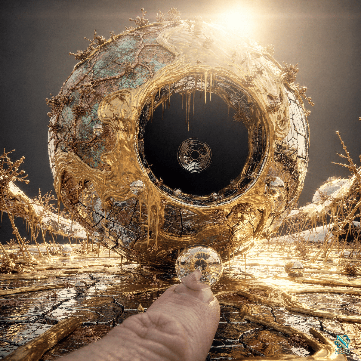 Finger Holding Sphere Before Golden Cracked Orb