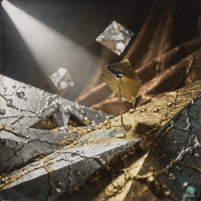 Floating Gold Cube Above Cracked Stone Slabs