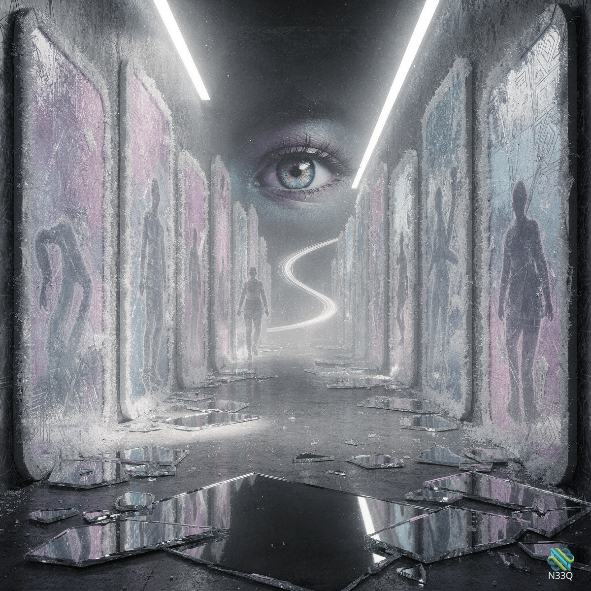 Graffiti Corridor with Giant Eye and Broken Glass