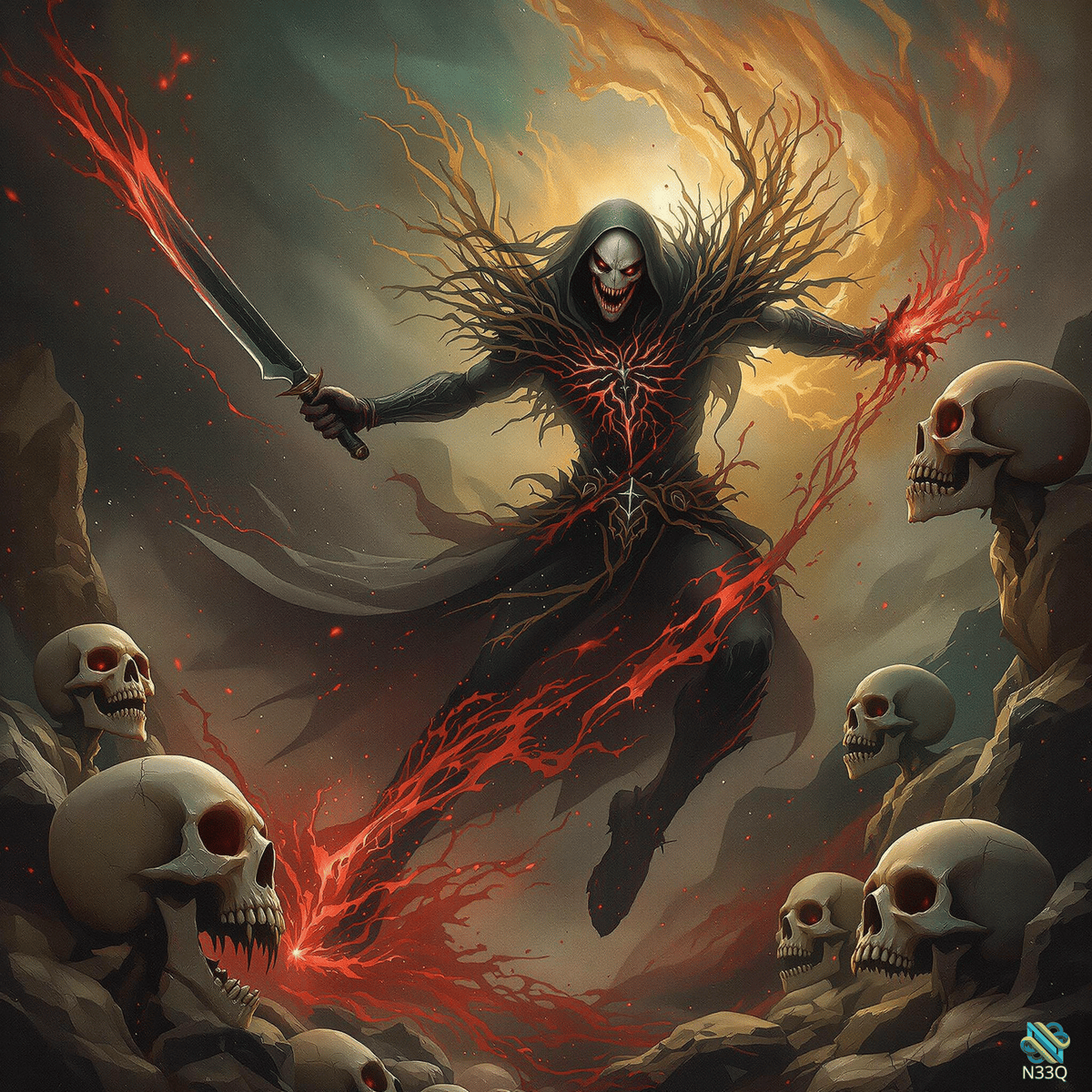 Fiery Grim Reaper Among Human Skulls