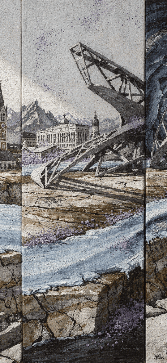 Triptych of a Mountain Town and a Collapsing Bridge