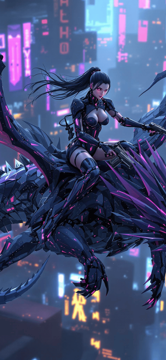 Woman Riding Mechanical Dragon Over Neon City
