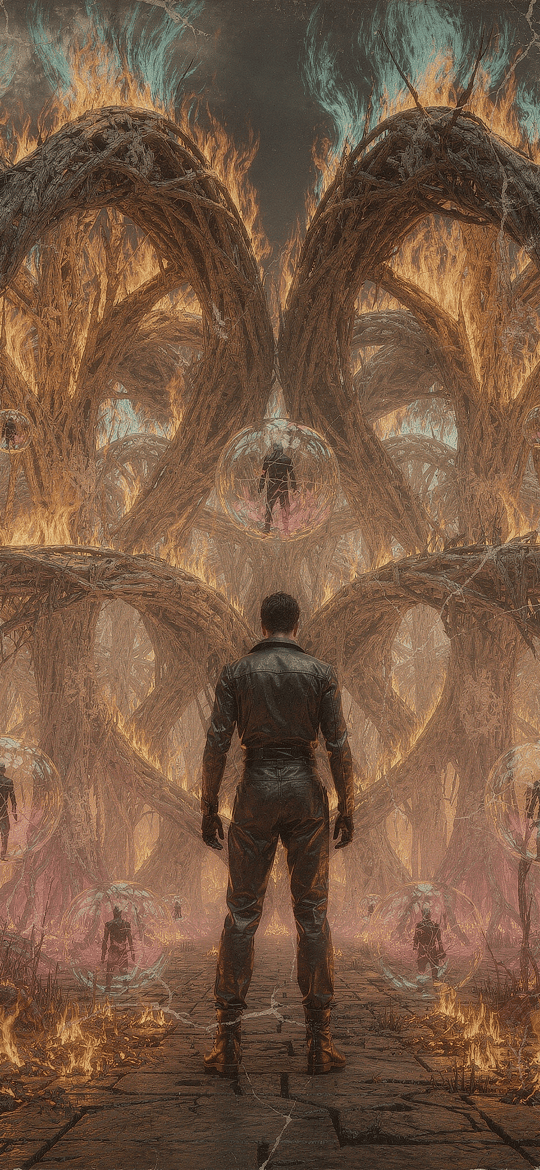 Man Facing Burning Forest Archways With Orbs