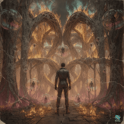 Man Facing Burning Forest Archways With Orbs