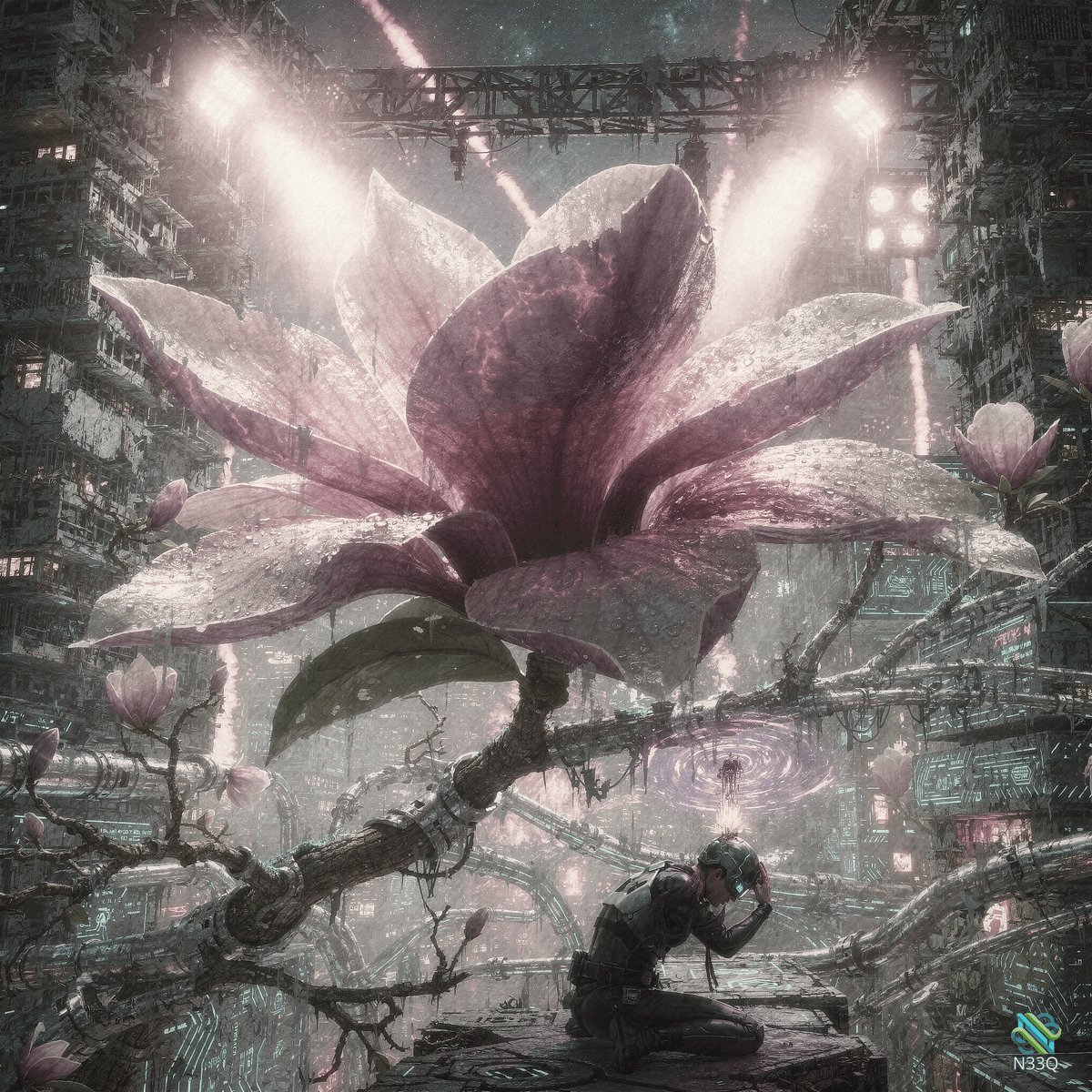 Kneeling Figure Before Giant Purple Magnolia