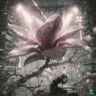 Kneeling Figure Before Giant Purple Magnolia