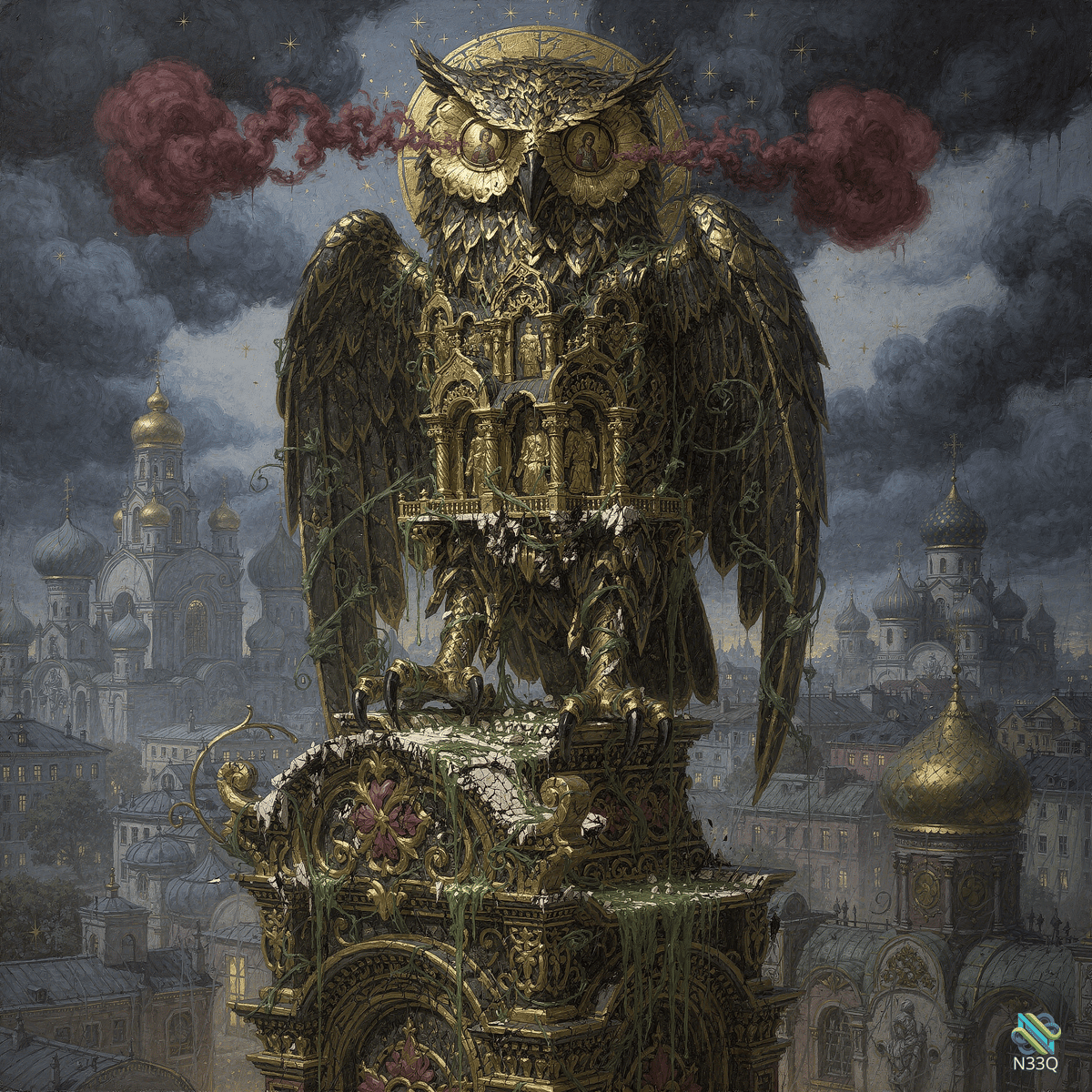 Ornate Golden Owl Over Cathedral City