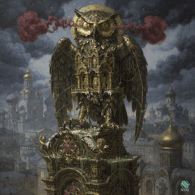 Ornate Golden Owl Over Cathedral City