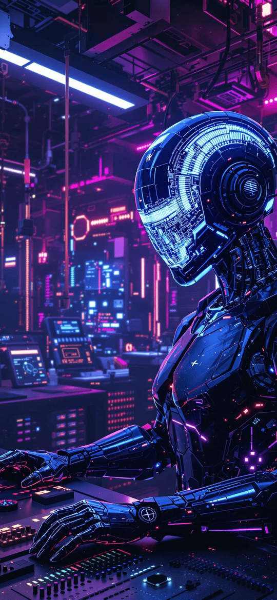 Neon Robot at Futuristic Control Console