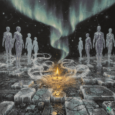 Translucent Figures Around Candle Under Aurora