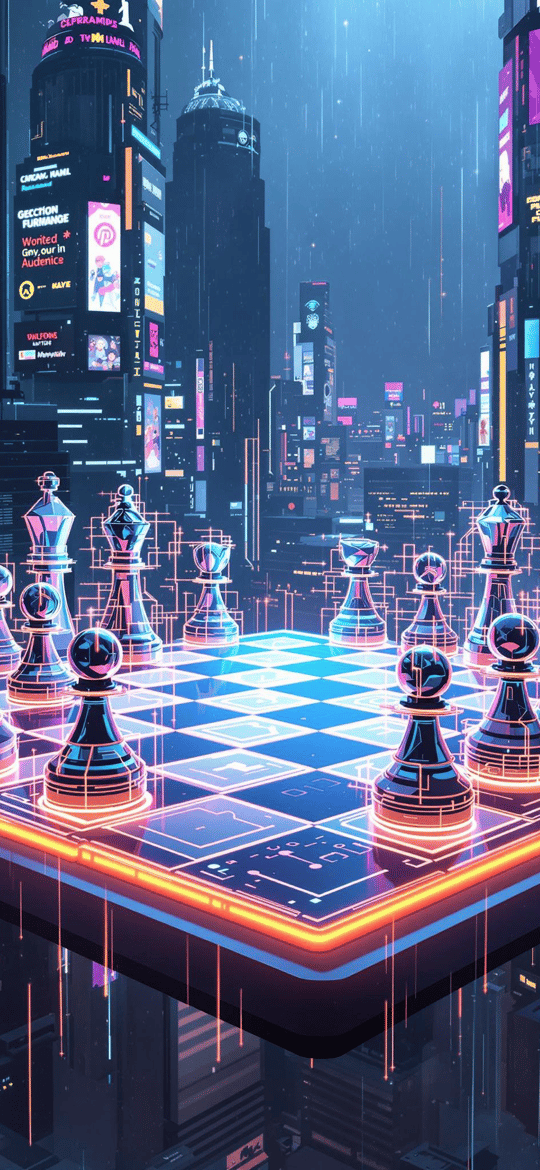 Neon Chessboard Floating Over Cyberpunk City