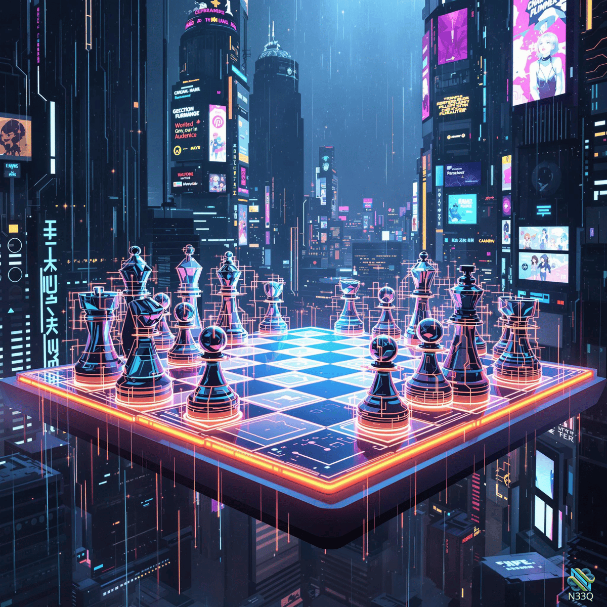 Neon Chessboard Floating Over Cyberpunk City
