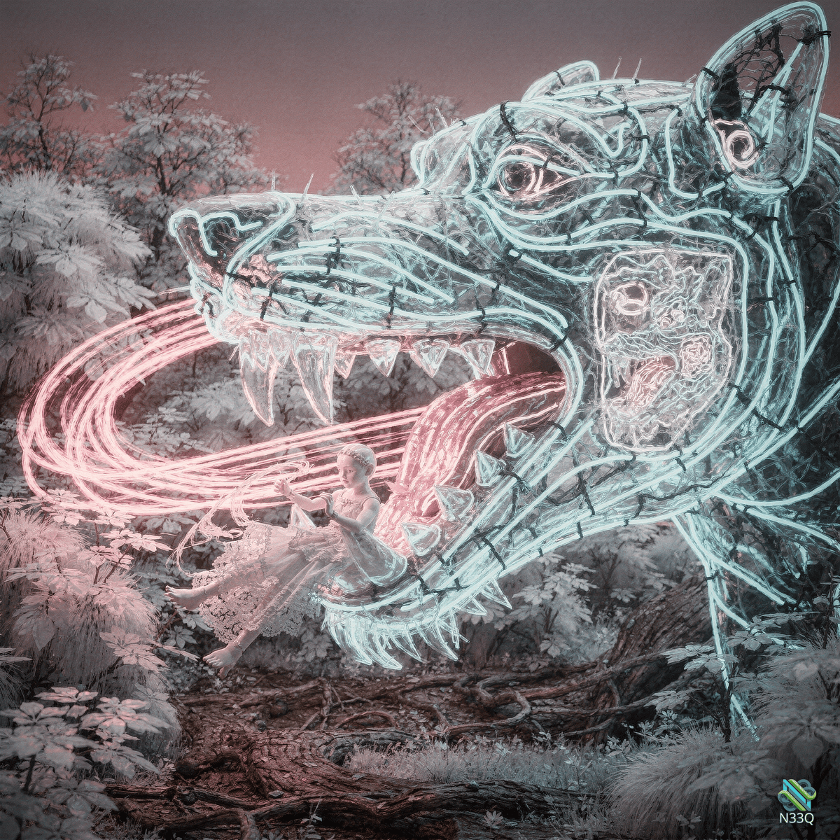 Girl and Neon Wolf Head in Forest