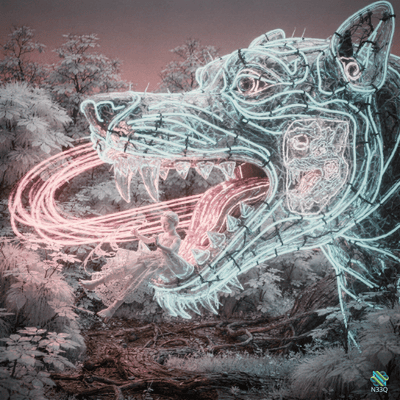 Girl and Neon Wolf Head in Forest