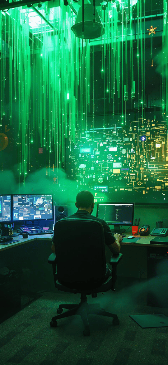 Hacker in Neon Green Code Room