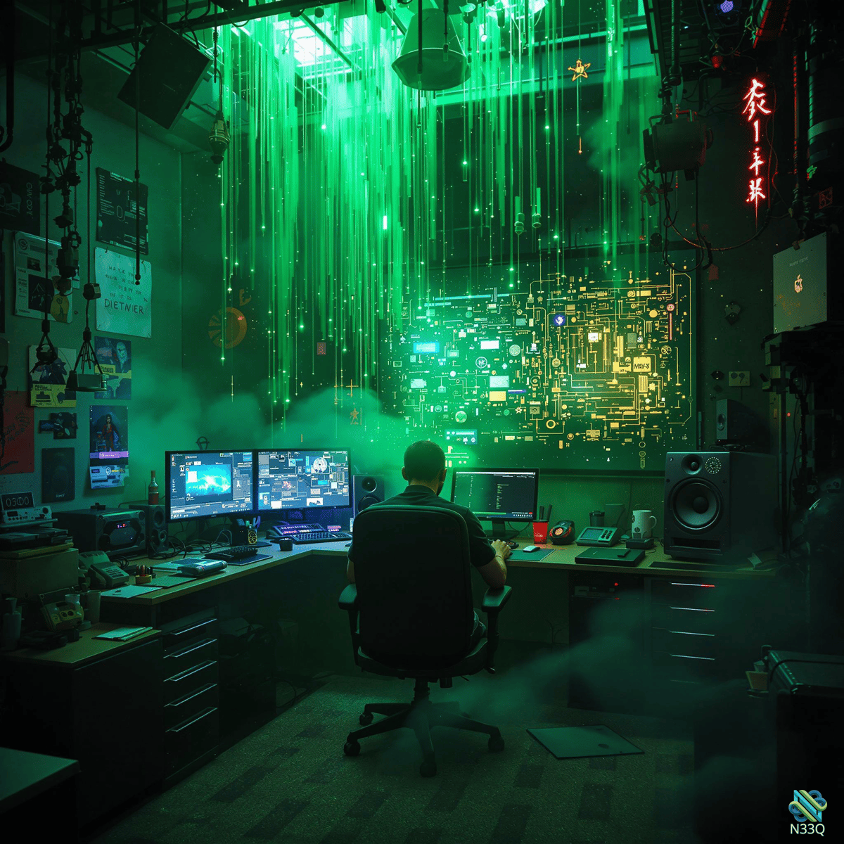 Hacker in Neon Green Code Room