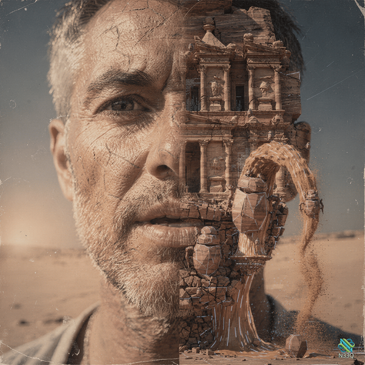 Man's Face Fused with Ancient Temple Ruins