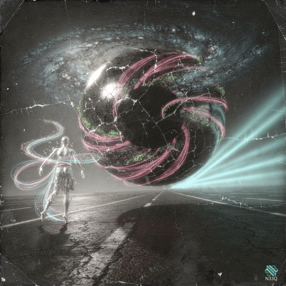 Glowing Figure Before Cracked Cosmic Sphere