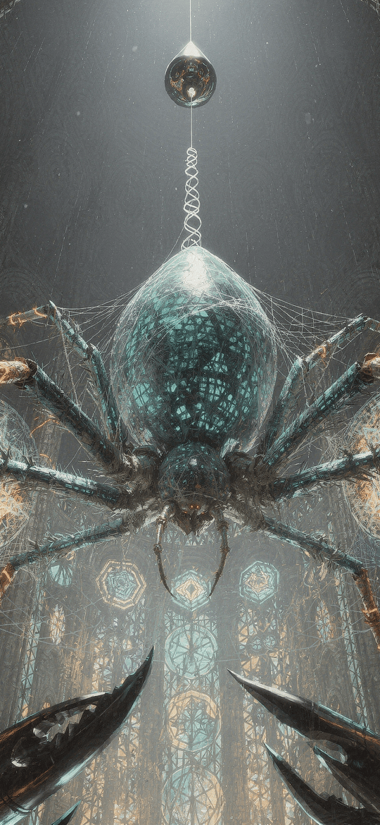 Crystal-Bodied Spider in a Gothic Cathedral