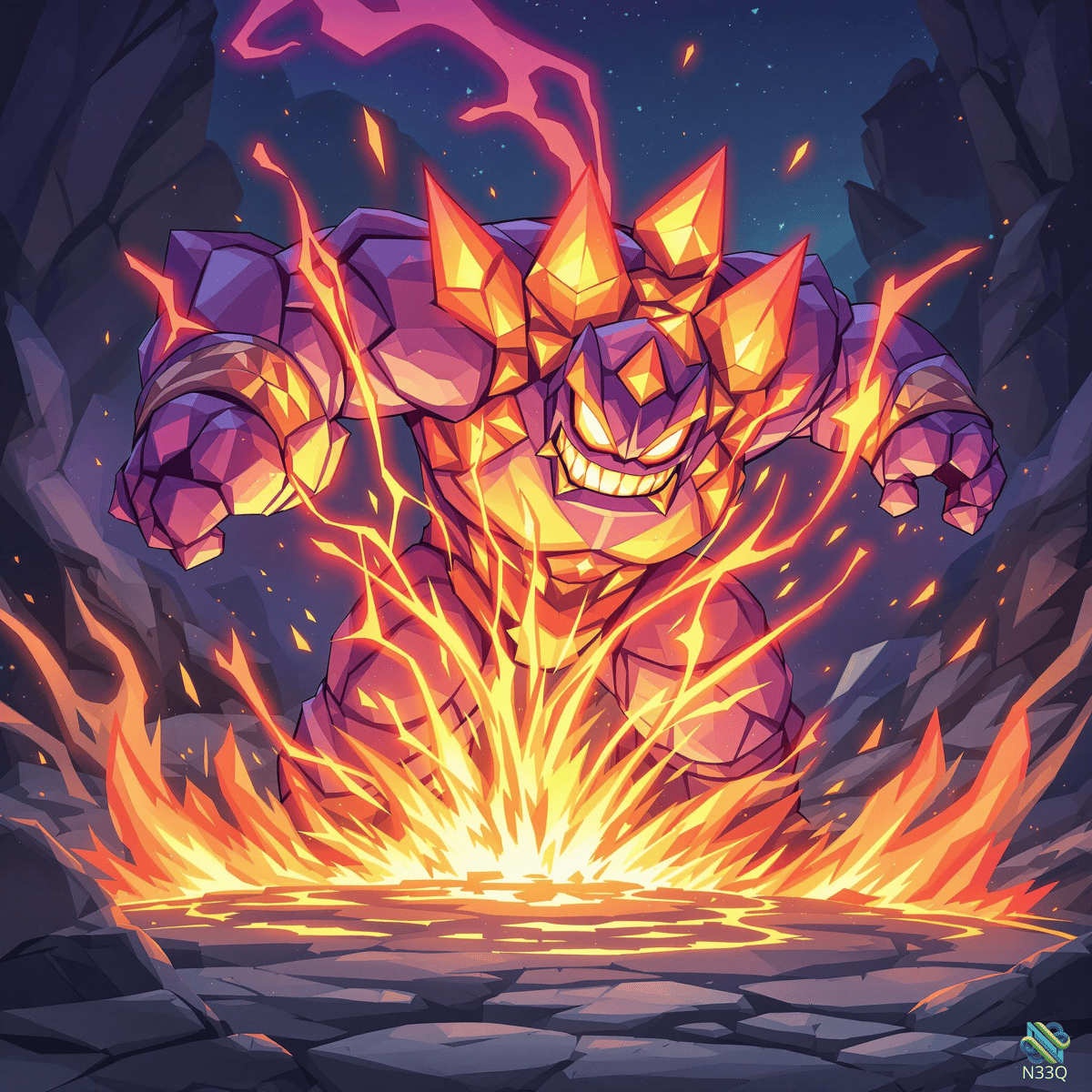 Lava Golem Roaring Amid Erupting Flames