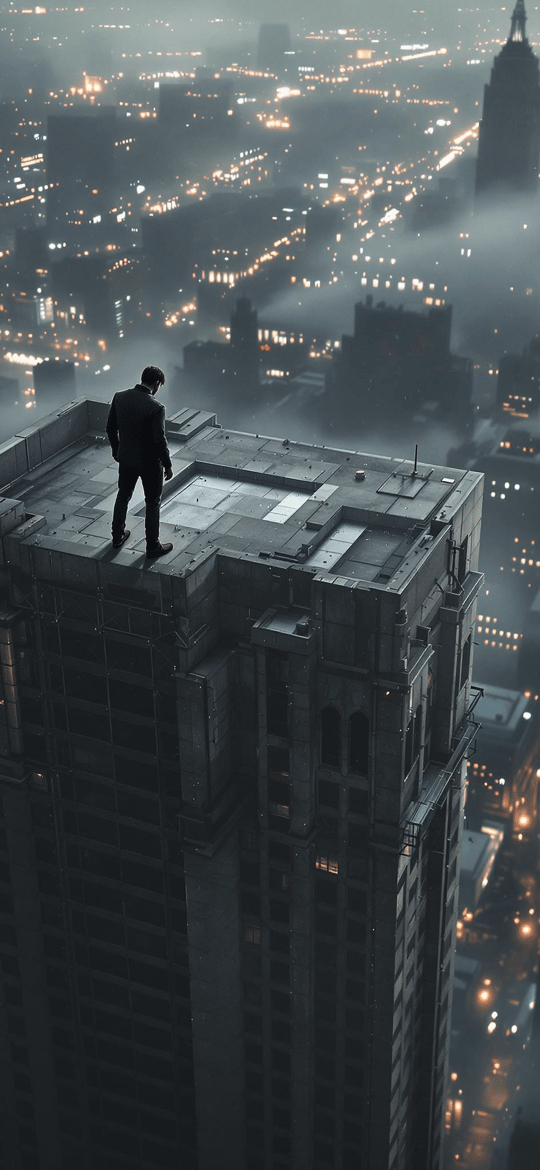 Man on Skyscraper Rooftop Overlooking Foggy Night City