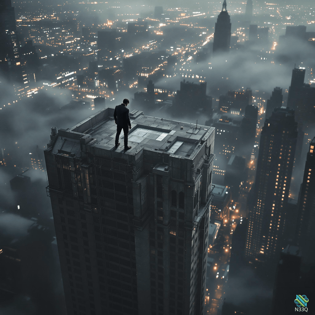 Man on Skyscraper Rooftop Overlooking Foggy Night City