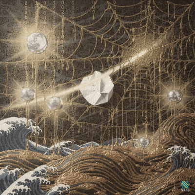 Moons in a Golden Web over Stylised Ocean Waves