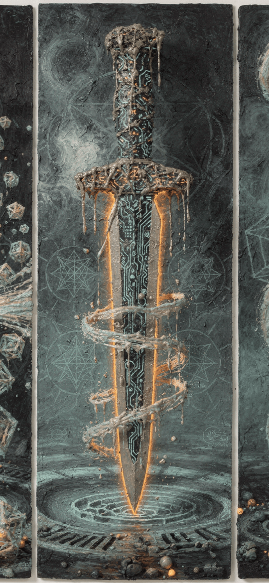 Triptych of Glowing Circuit Dagger and Cubes