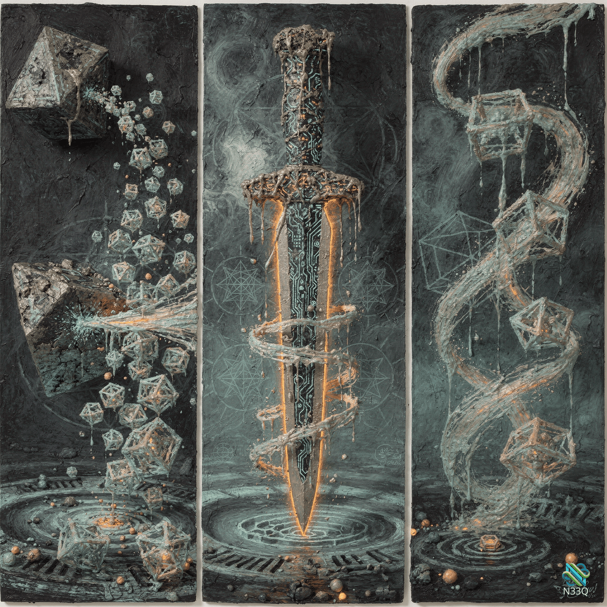 Triptych of Glowing Circuit Dagger and Cubes