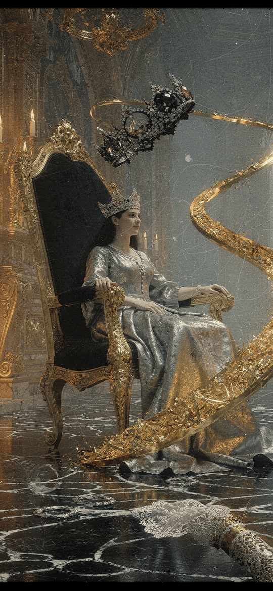 Queen on a Throne Beside a Roaring Fireplace