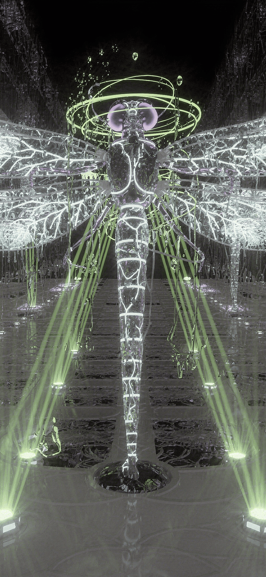 Luminous Dragonfly in Neon Cyberpunk Hall