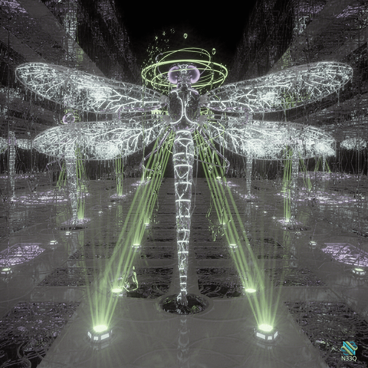 Luminous Dragonfly in Neon Cyberpunk Hall