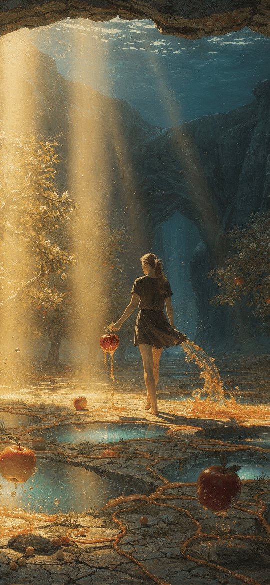 Woman Walking Through Sunlit Apple Cave