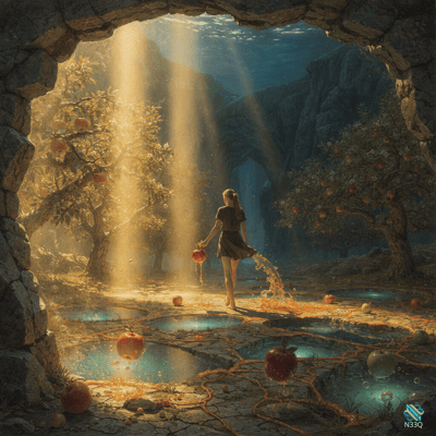Woman Walking Through Sunlit Apple Cave