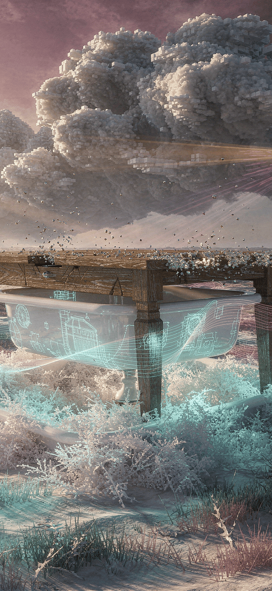 Lighthouse and Bathtub Under Wooden Table