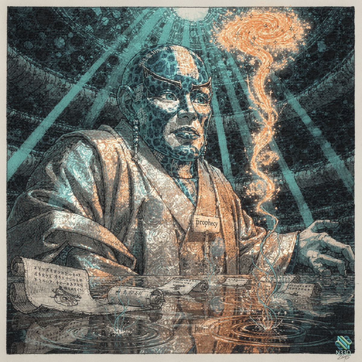 Prophet Reading Scrolls with Energy Vortex