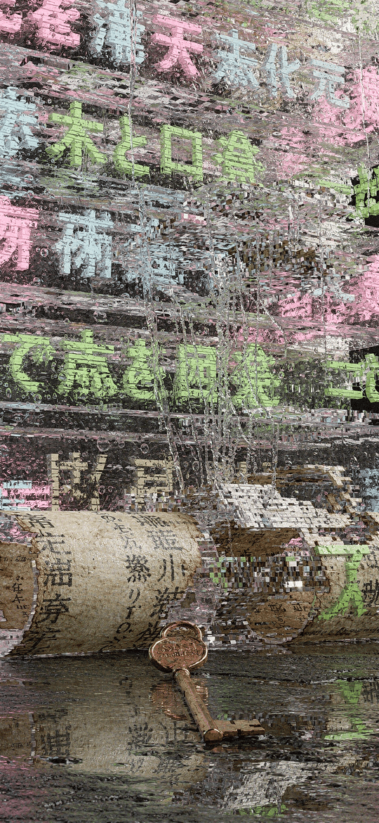 Stack of Glowing Glass Characters Beside an Old Scroll