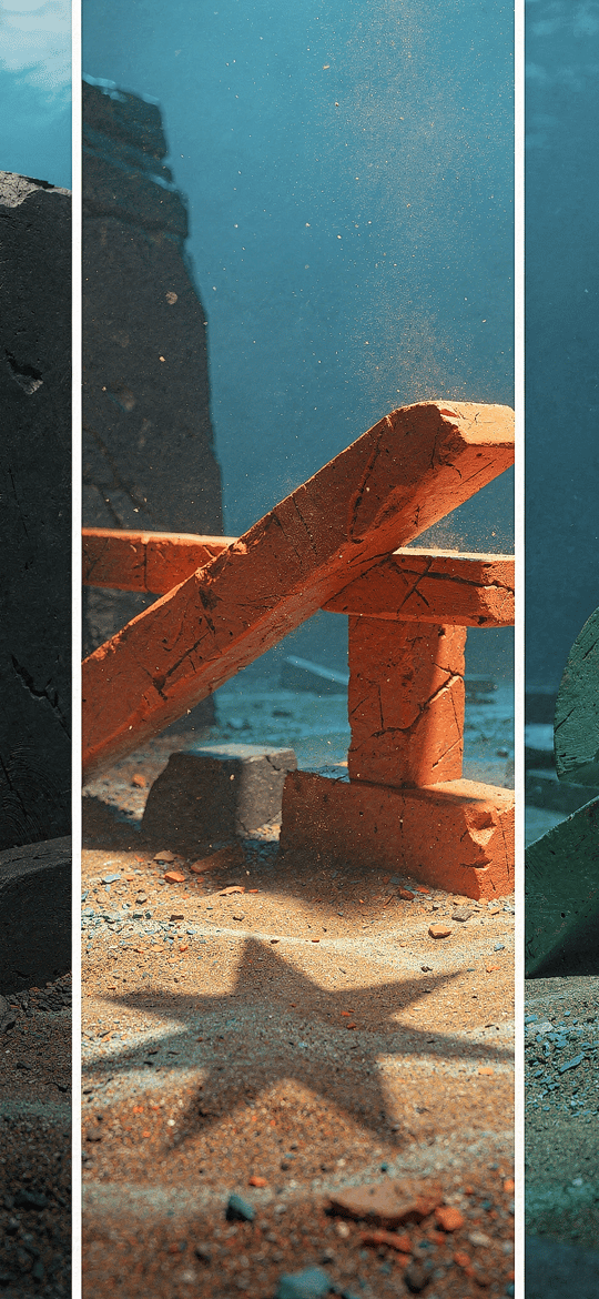 Triptych of Broken Stone and Brick Forms in Blue Light
