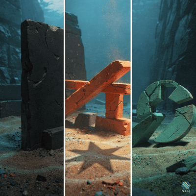 Triptych of Broken Stone and Brick Forms in Blue Light