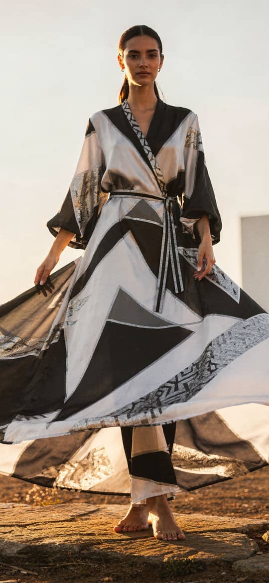 Woman in Flowing Black and White Dress