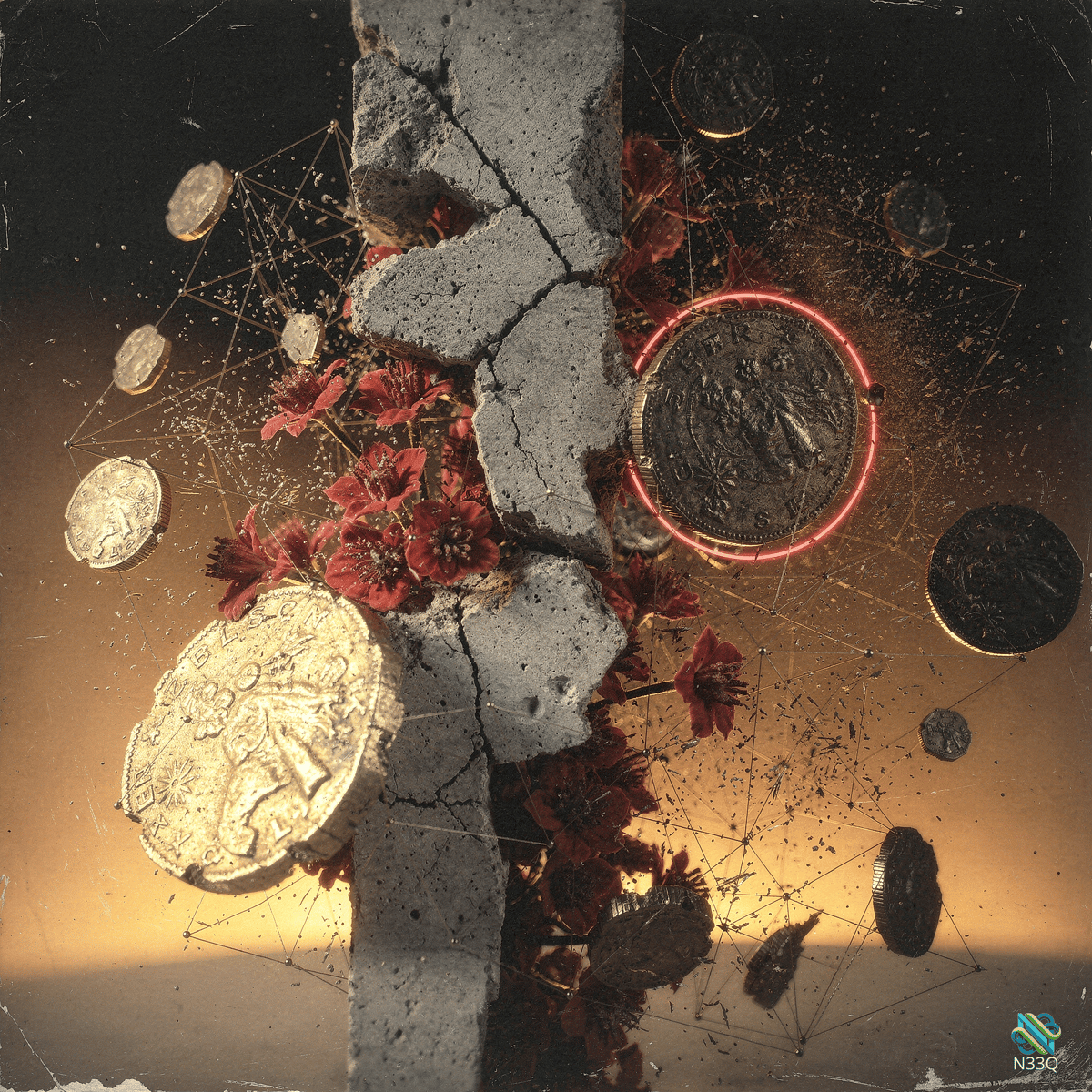 Cracked Concrete with Coins and Red Roses