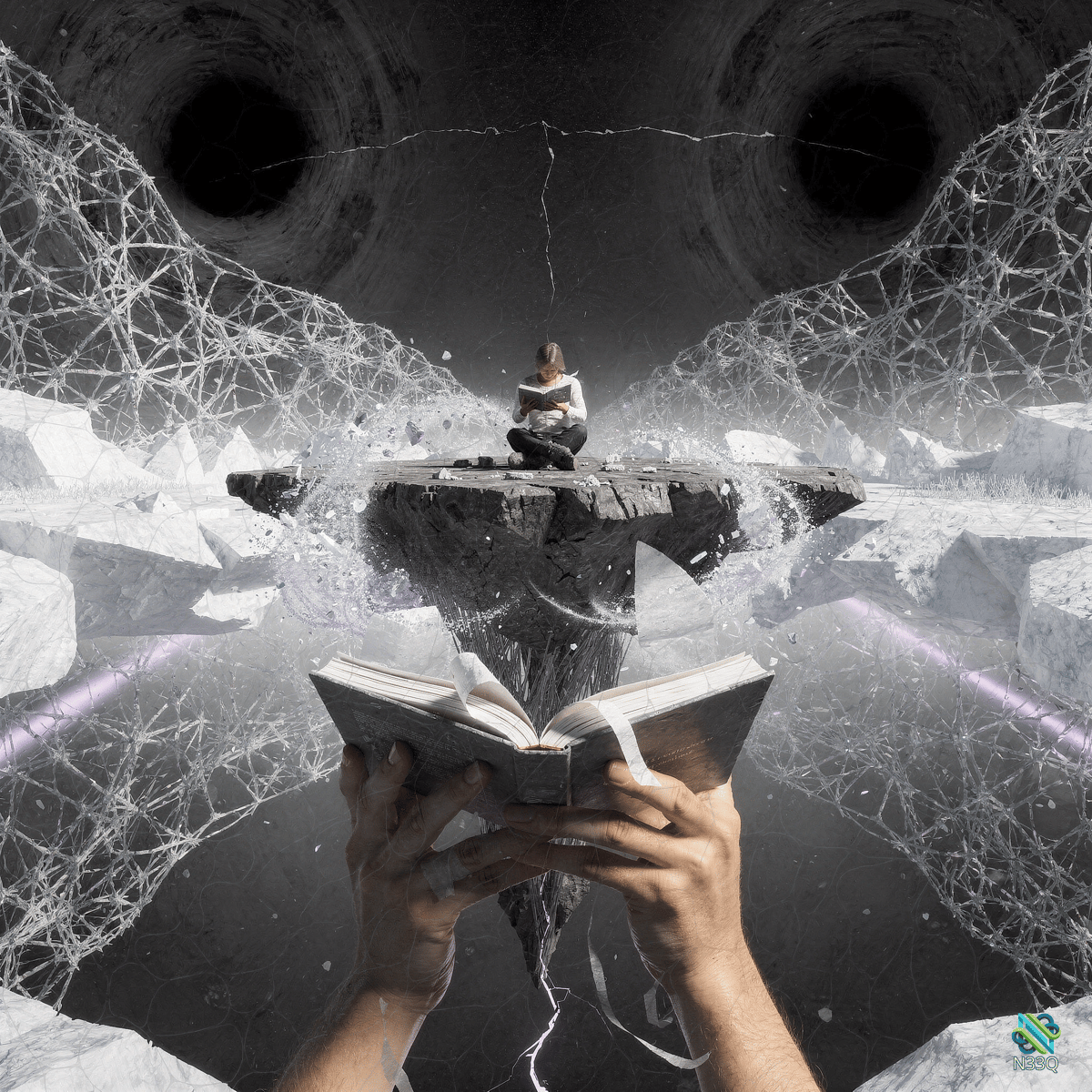 Hands Holding Book Before Floating Reader