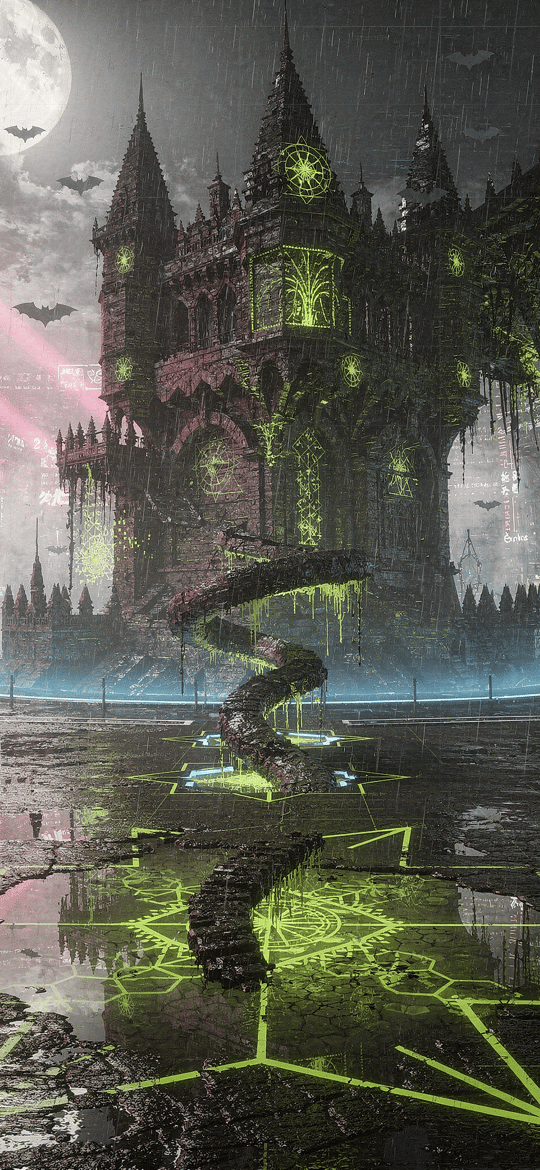 Gothic Cathedral with Neon Pentagram at Night